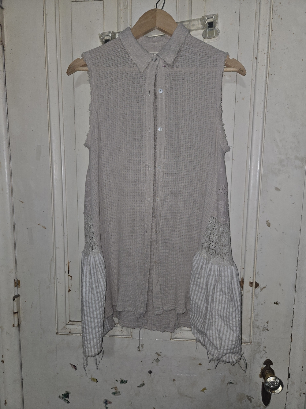 Mystree Sleeveless Tan Button-Front Waffle Knit Tunic with Lace & Stripe Panel